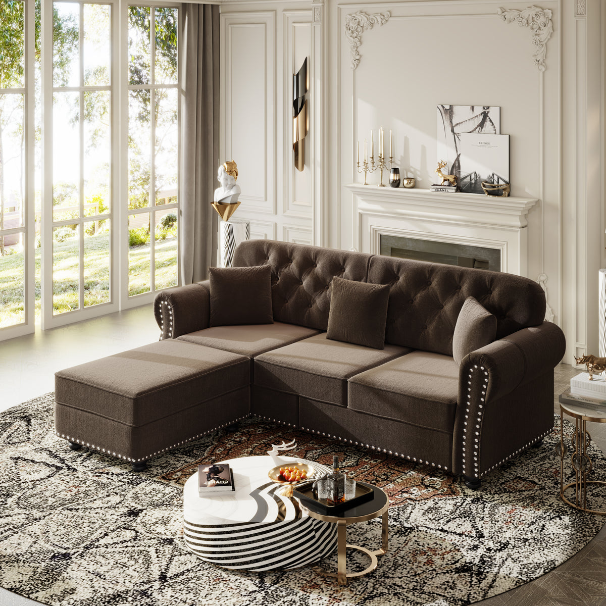 Upholstered Velvet Sofa with Nailhead Trim and Ottoman