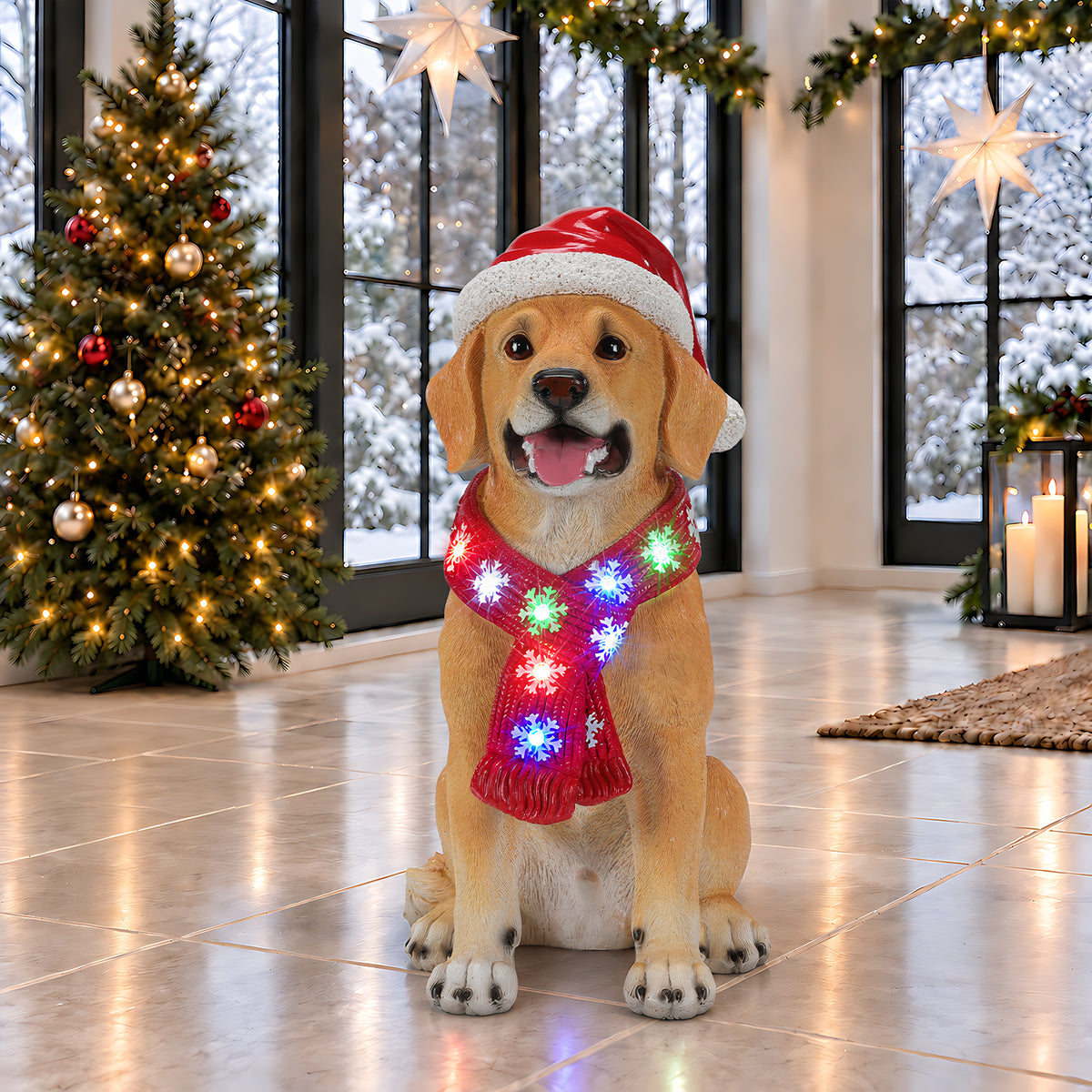 Lighted Christmas Golden Retriever Dog Statue, Santa Hat Puppy, LED Scarf