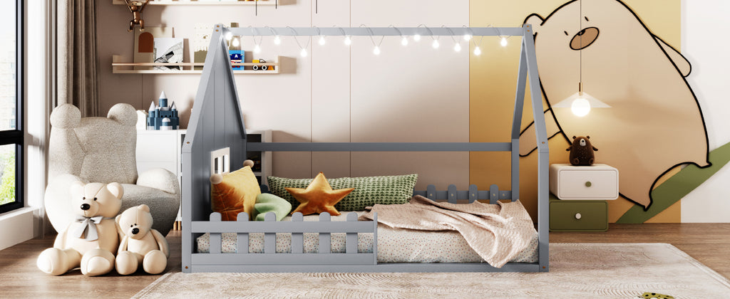 Full Size Wood House Bed with Window and Fence
