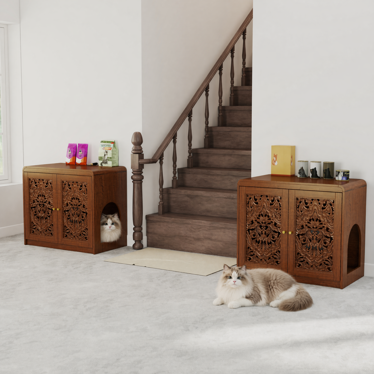 Walnut  Hollow‑Carved Cat Litter Box Enclosure Cabinet, Multi‑Purpose Sideboard with Vent & Large Cat Entry for Living Room & Entryway. Note: Litter box and cat mat not included.