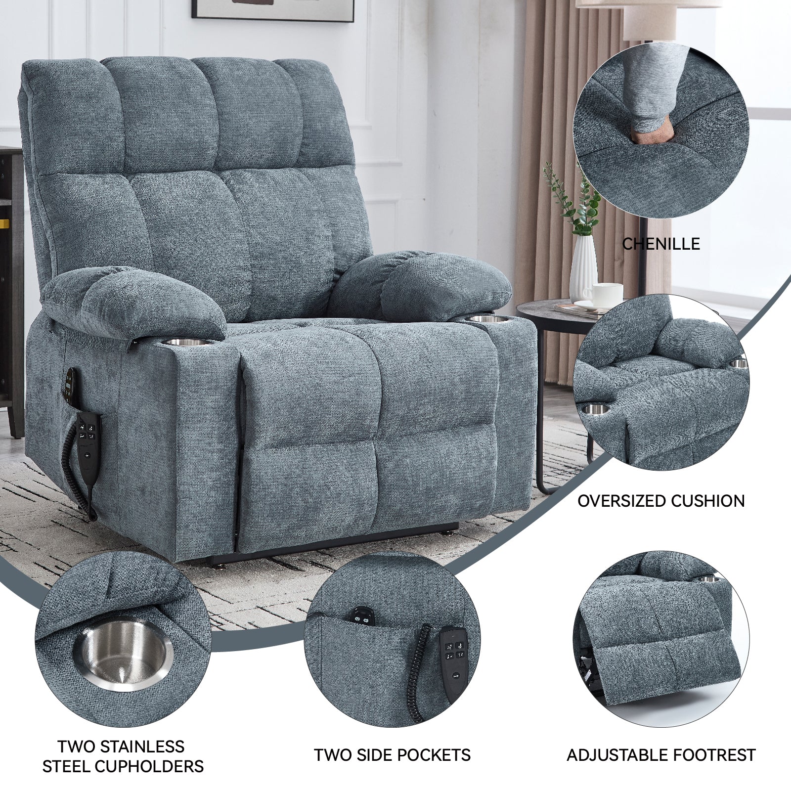 Grey Dual Motor Infinite Position Up to 350 LBS Chenille Power Lift Recliner Chair