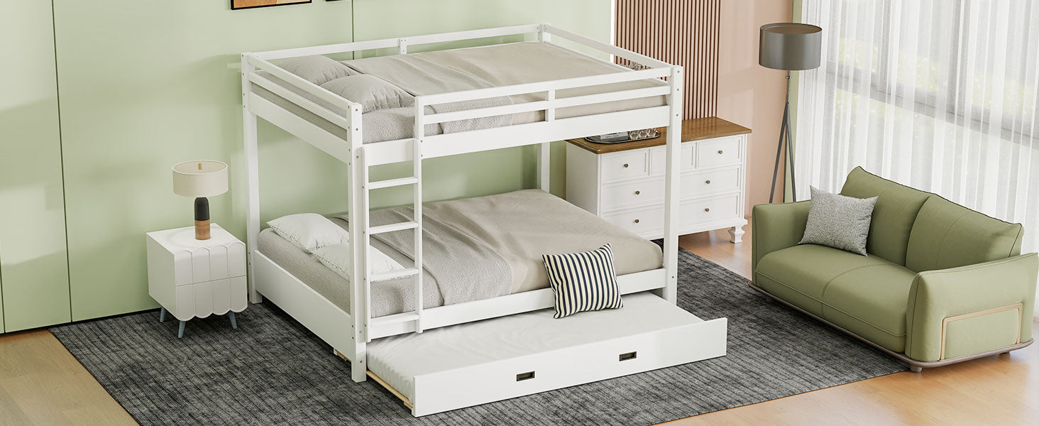 Wood Queen Size Bunk Bed with Ladder and Trundle