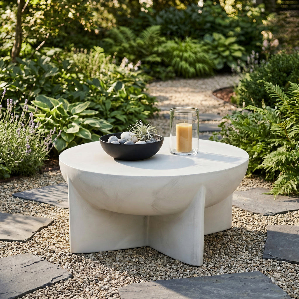 Matte White Distressed Round Coffee Table, Magnesium Oxide Sculptural Tripod Base