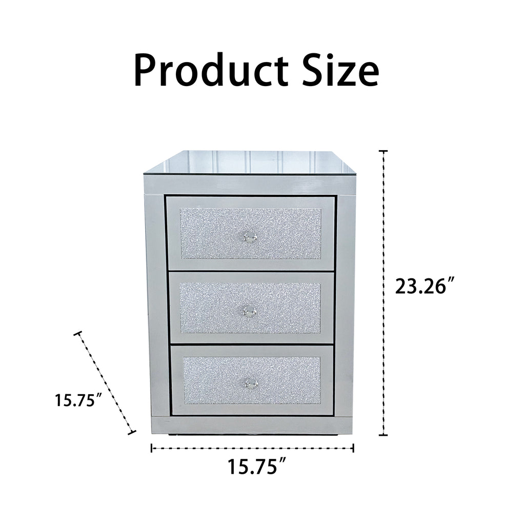 3-Drawer Mirrored Nightstand Bedside Table Glass Accent End Table