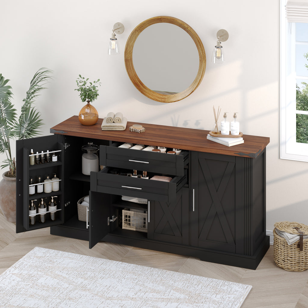 63" Farmhouse Barn Door Storage Cabinet with 2 Drawers & Door Rack