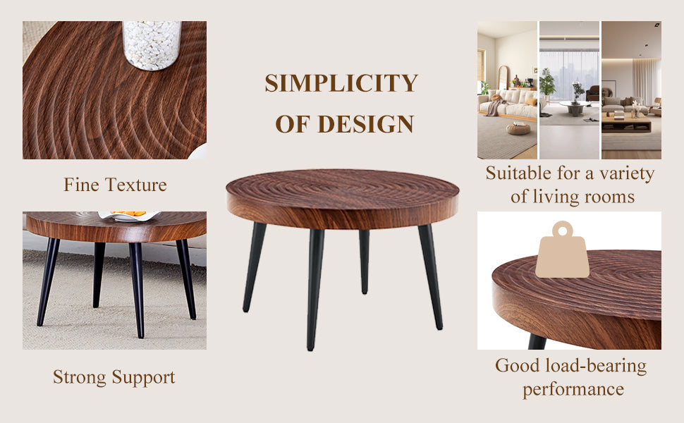 Modern Round Coffee Table - Walnut Pattern MDF And Black Metal Legs