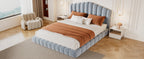 Velvet Upholstered Queen Bed Frame with Shell-Shaped Headboard