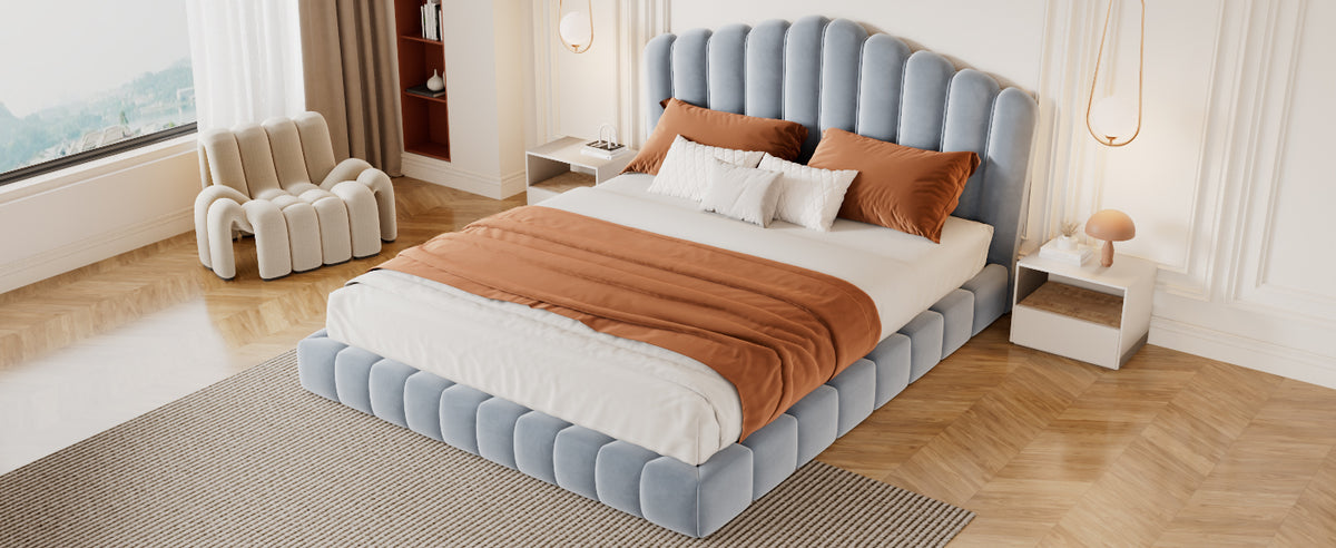 Velvet Upholstered Queen Bed Frame with Shell-Shaped Headboard