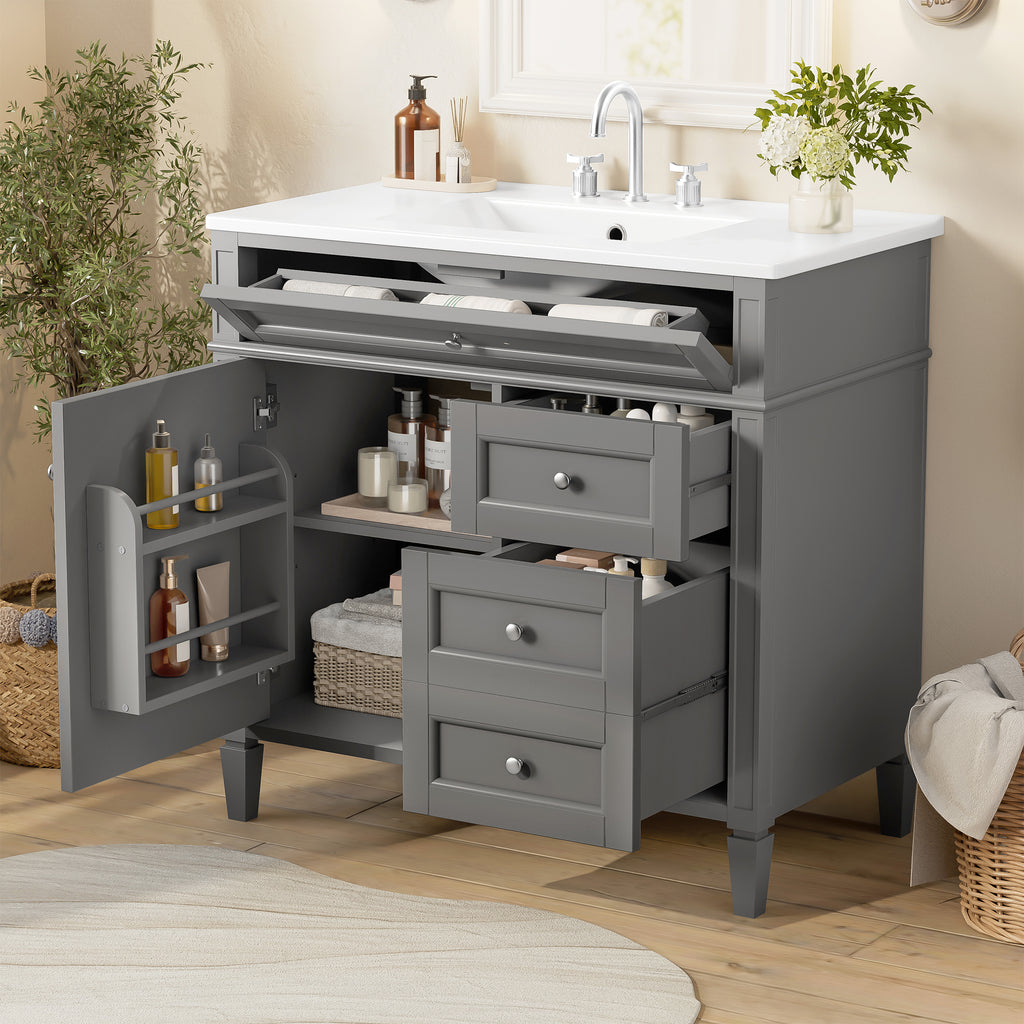 36-Inch Bathroom Vanity with Ceramic Sink, Grey, Modern Storage Cabinet