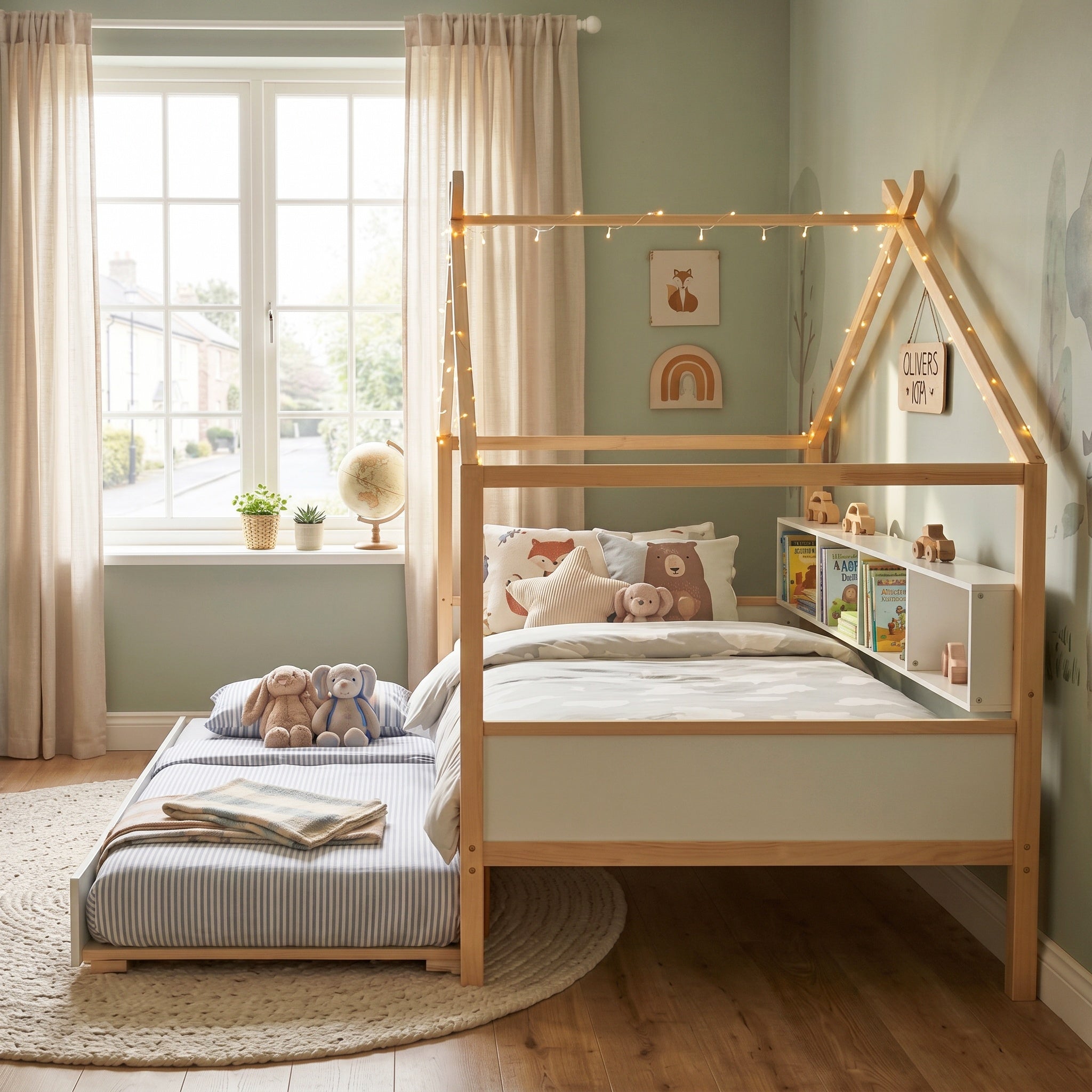 White Twin Size Wooden House Bed with Trundle and Bookshelf