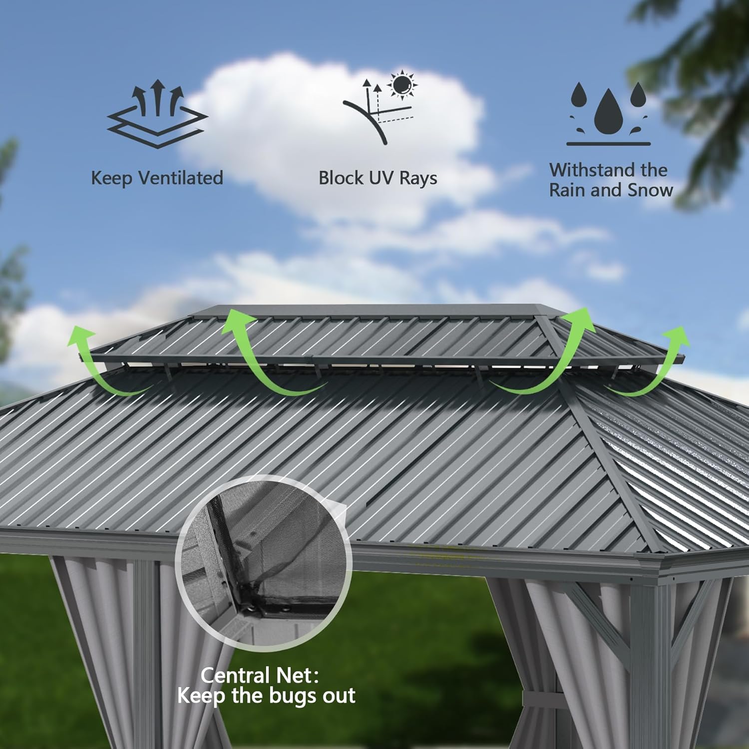 13x15FT Outdoor Gazebo with Galvanized Steel Double Roof