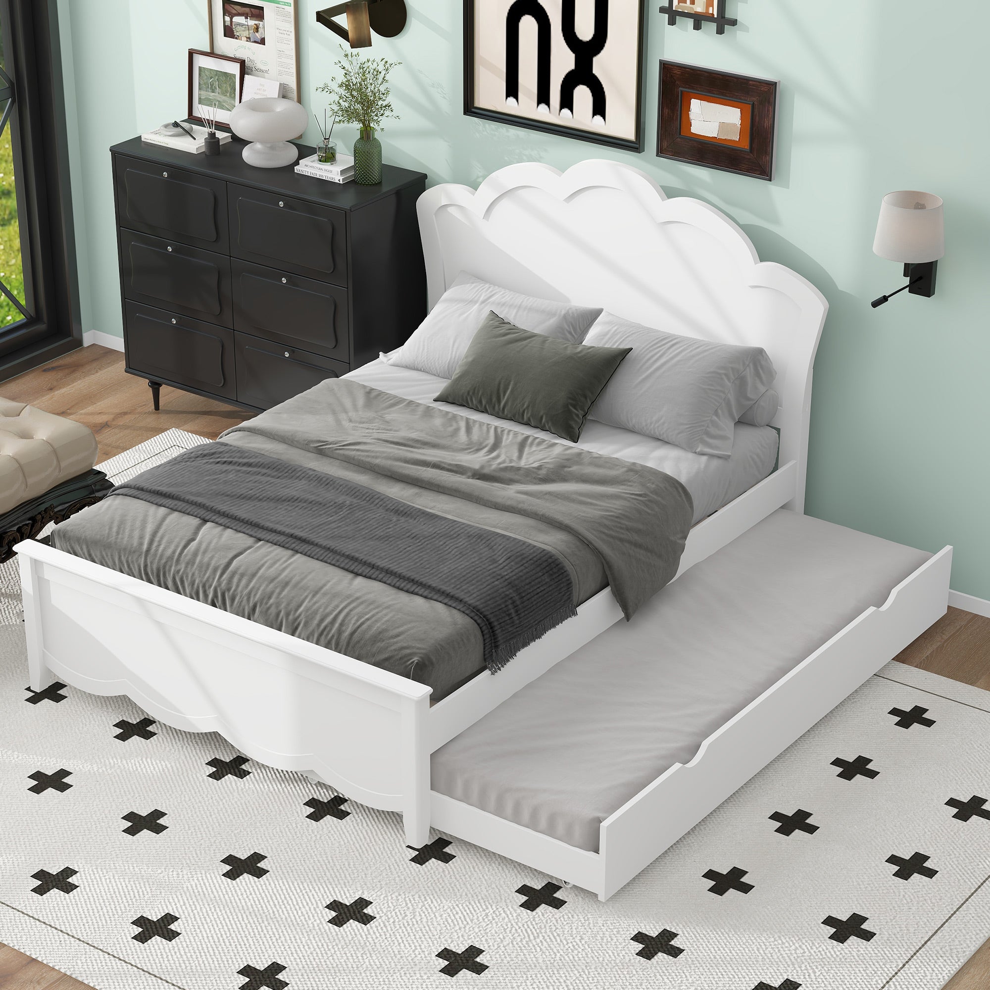 Full Size Wood Platform Bed with Headboard and Twin Size Trundle