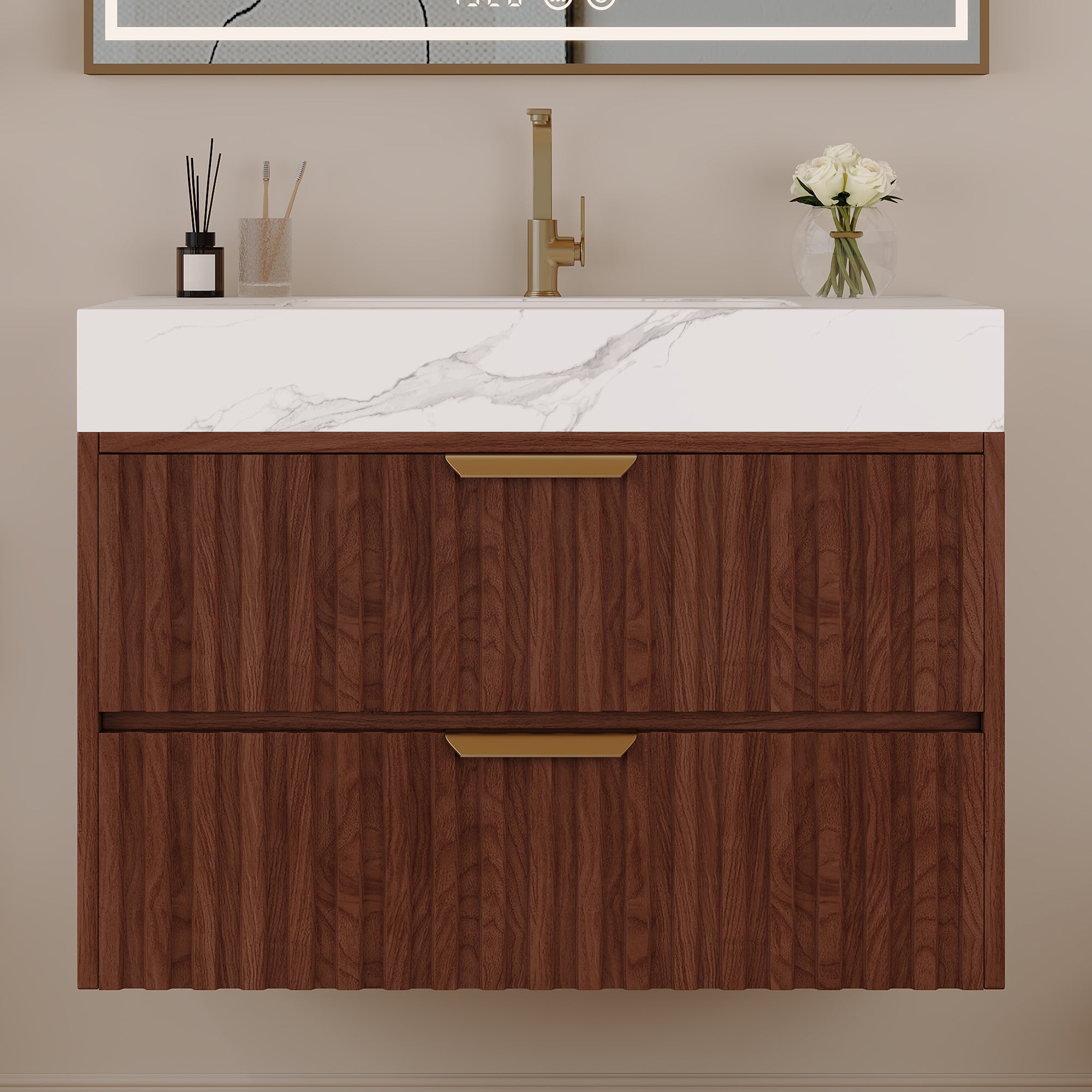 30" Modern Floating Bathroom Vanity with Seamless Sintered Stone Top