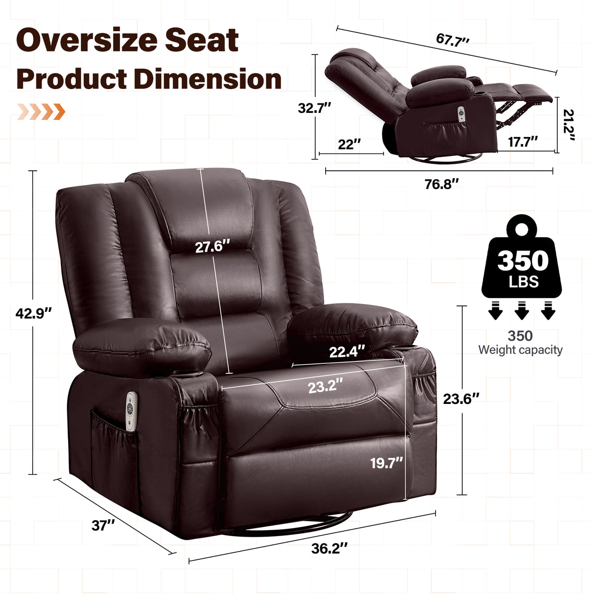 Rocker Recliner Chair with Massage and Heat for Adults,, 360°Swivel oversize recliner chair with Cup Holders, USB Charge Port, Side Pockets for Living Room,Nursery,Bedroom