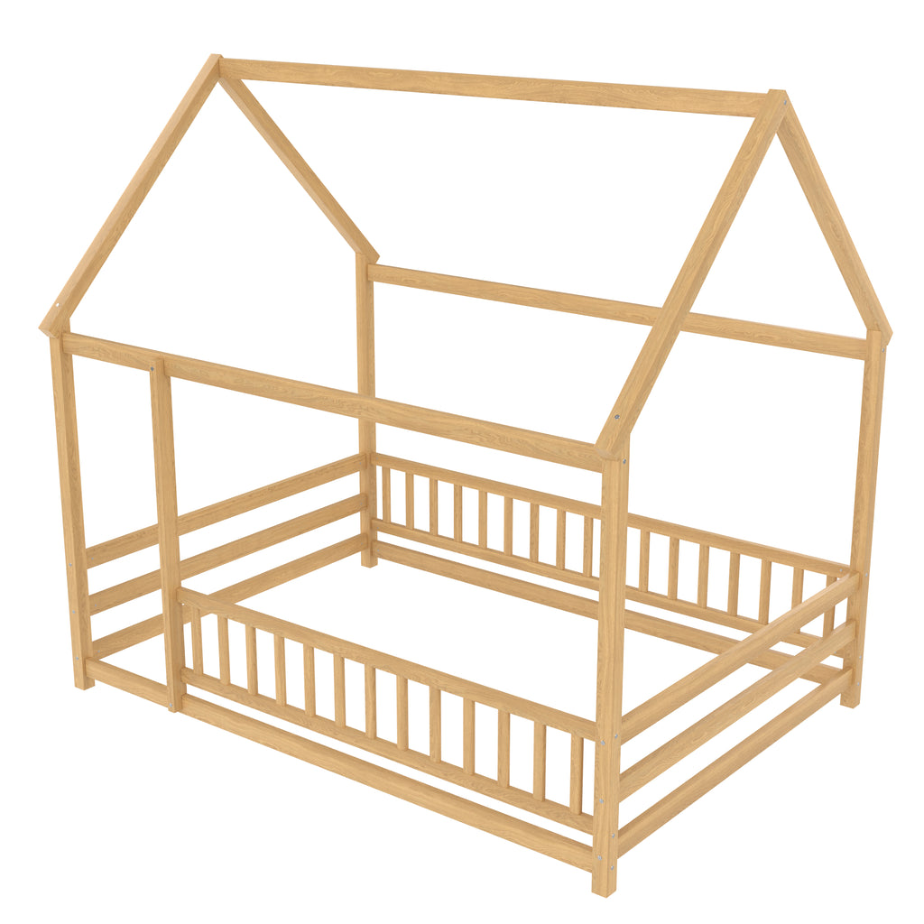 Full Size Floor Wooden Bed with House Roof Frame, Fence Guardrails