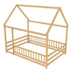 Full Size Floor Wooden Bed with House Roof Frame, Fence Guardrails