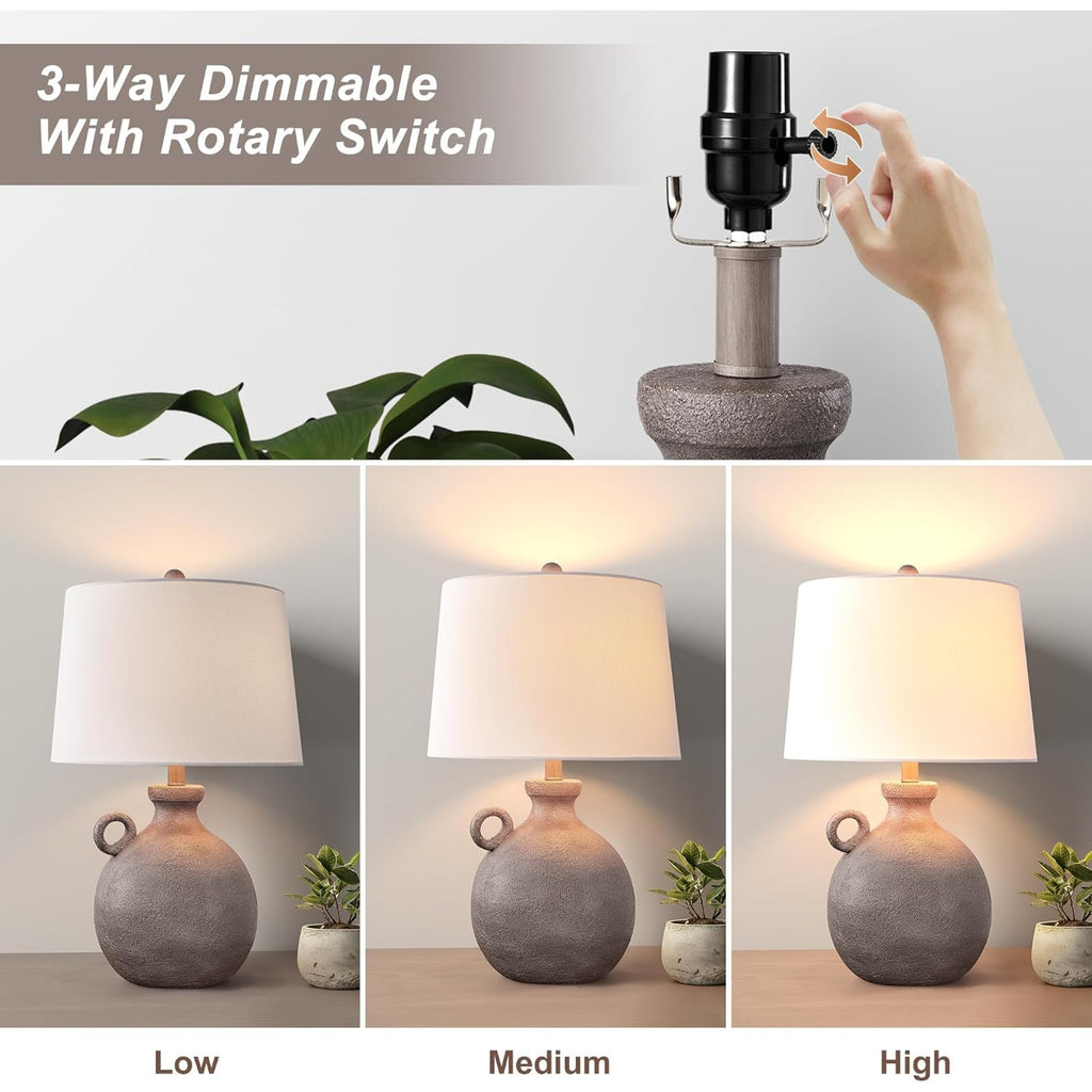 24-Inch Farmhouse Table Lamp, Resin Base, Brown, 3-Way Dimmable