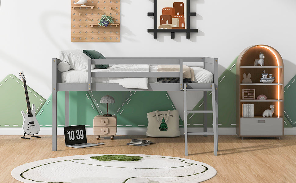 Full Size Wood Low Loft Bed with Ladder
