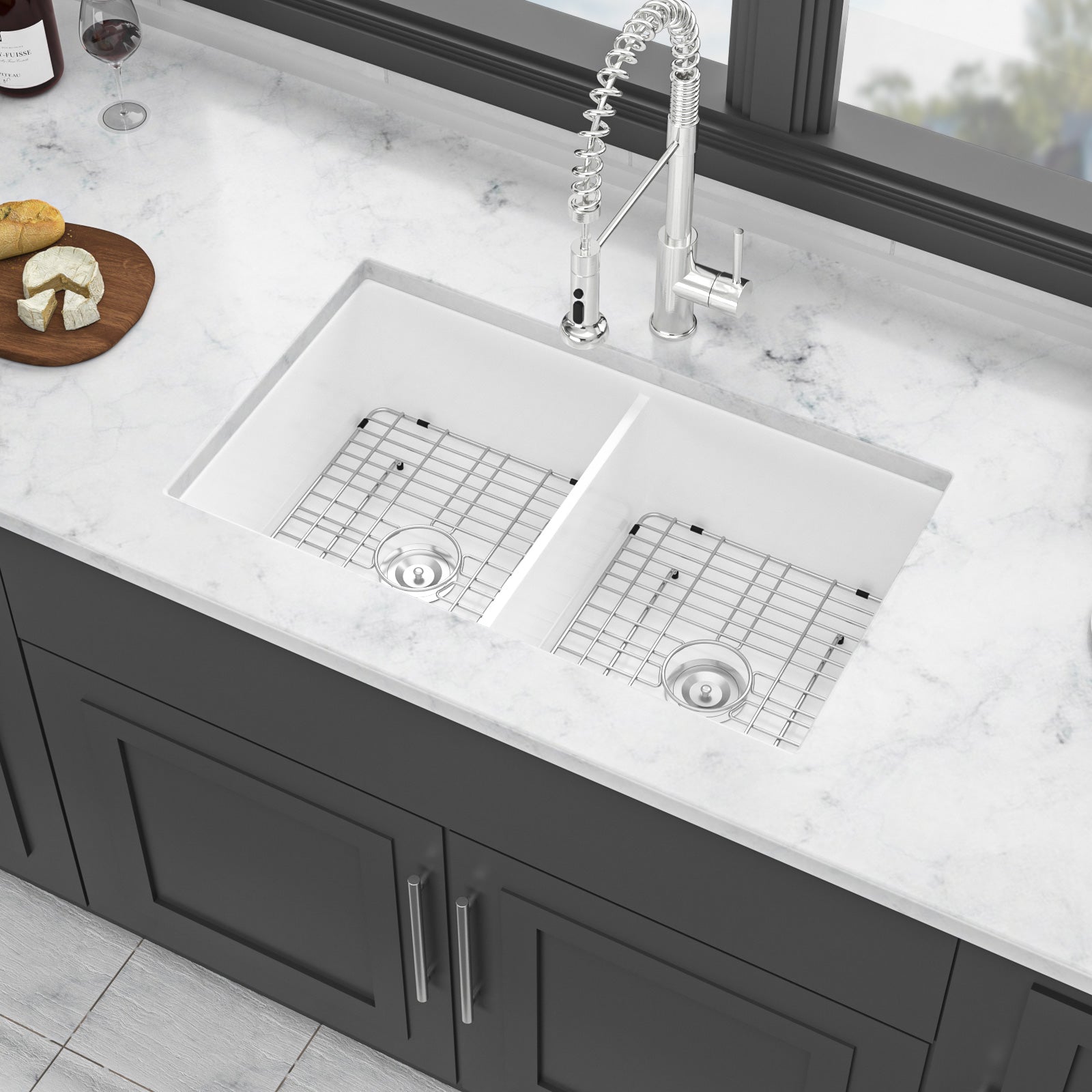 32"x19"x10" Undermount Double Bowl Fireclay Kitchen Sink