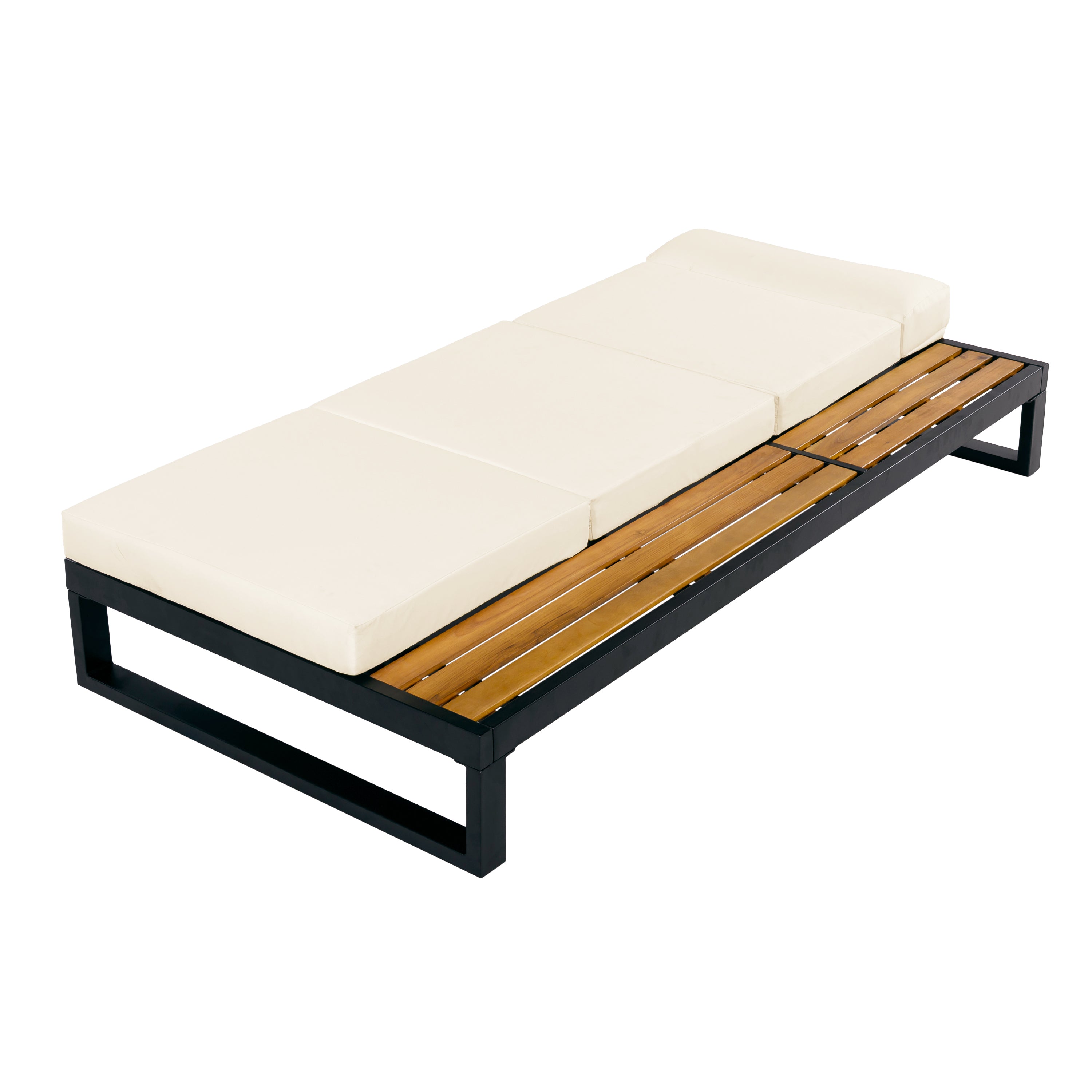 Black Iron & Teak Finish Chaise Lounge Set: 1 Frame + 1 4-Fold