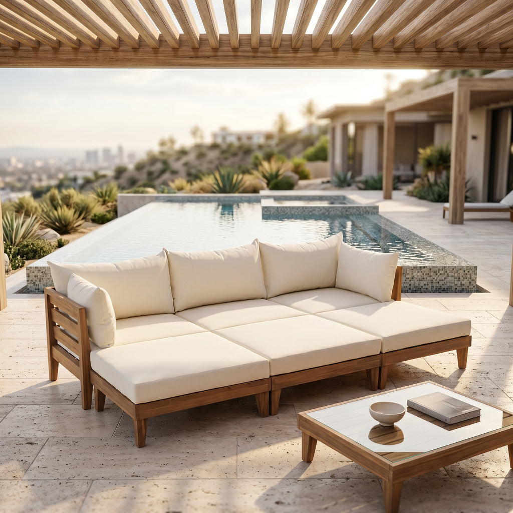 TOPMAX Outdoor Large 96.3" W Daybed Acacia Wood 6-Piece Patio Sofa Set