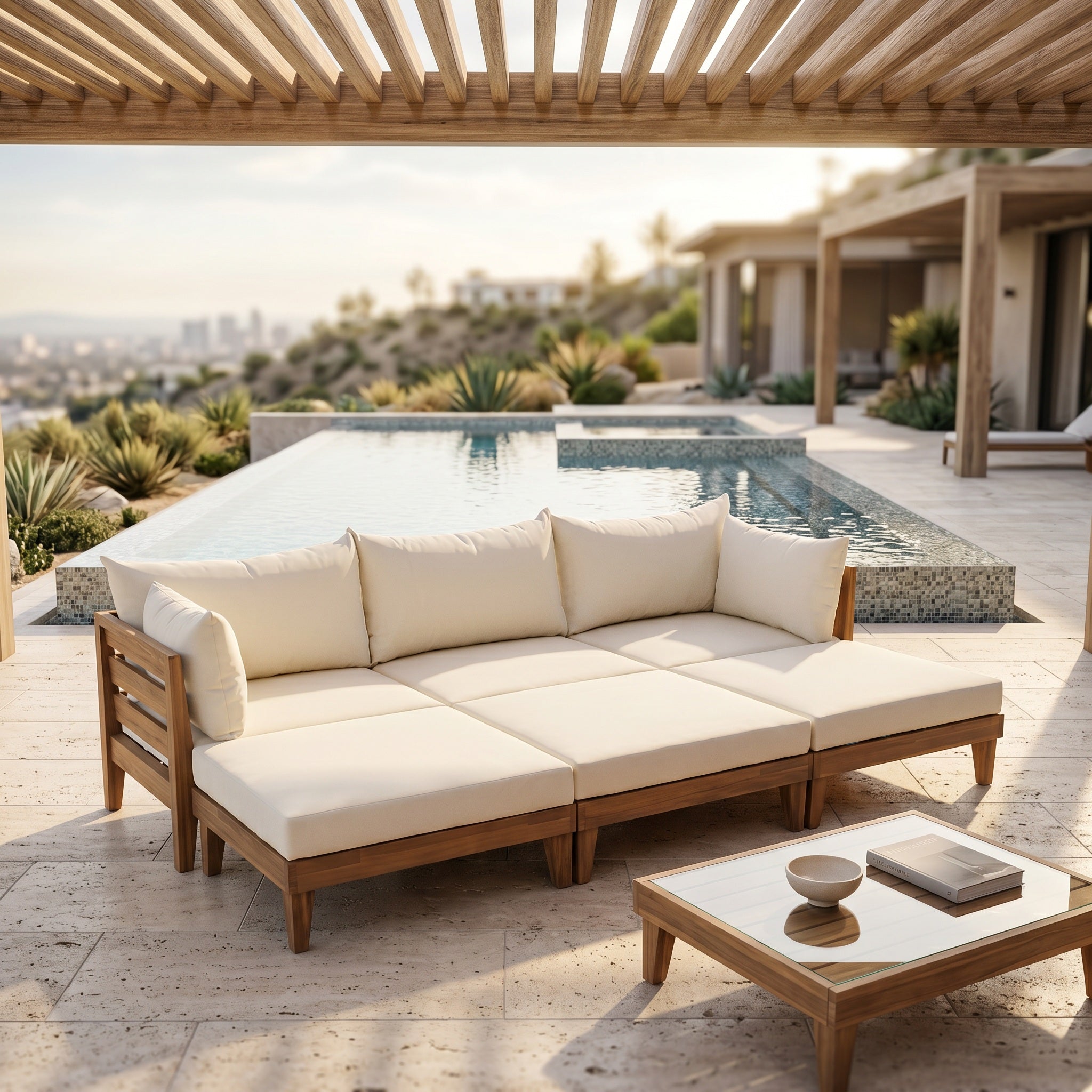 TOPMAX Outdoor Large 96.3" W Daybed Acacia Wood 6-Piece Patio Sofa Set