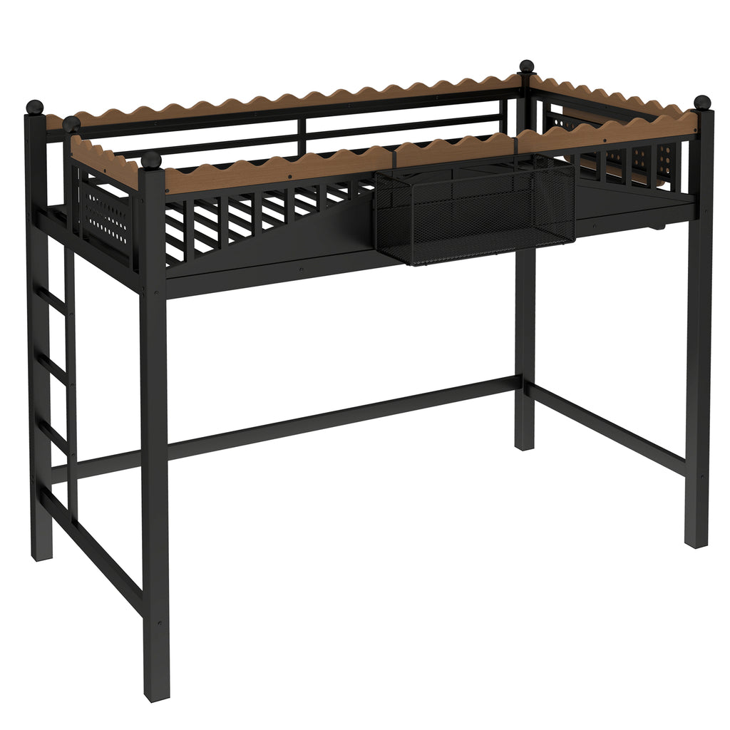 Twin XL Size Loft Bed with Ladders, Storage Shelves, and Bookshelf