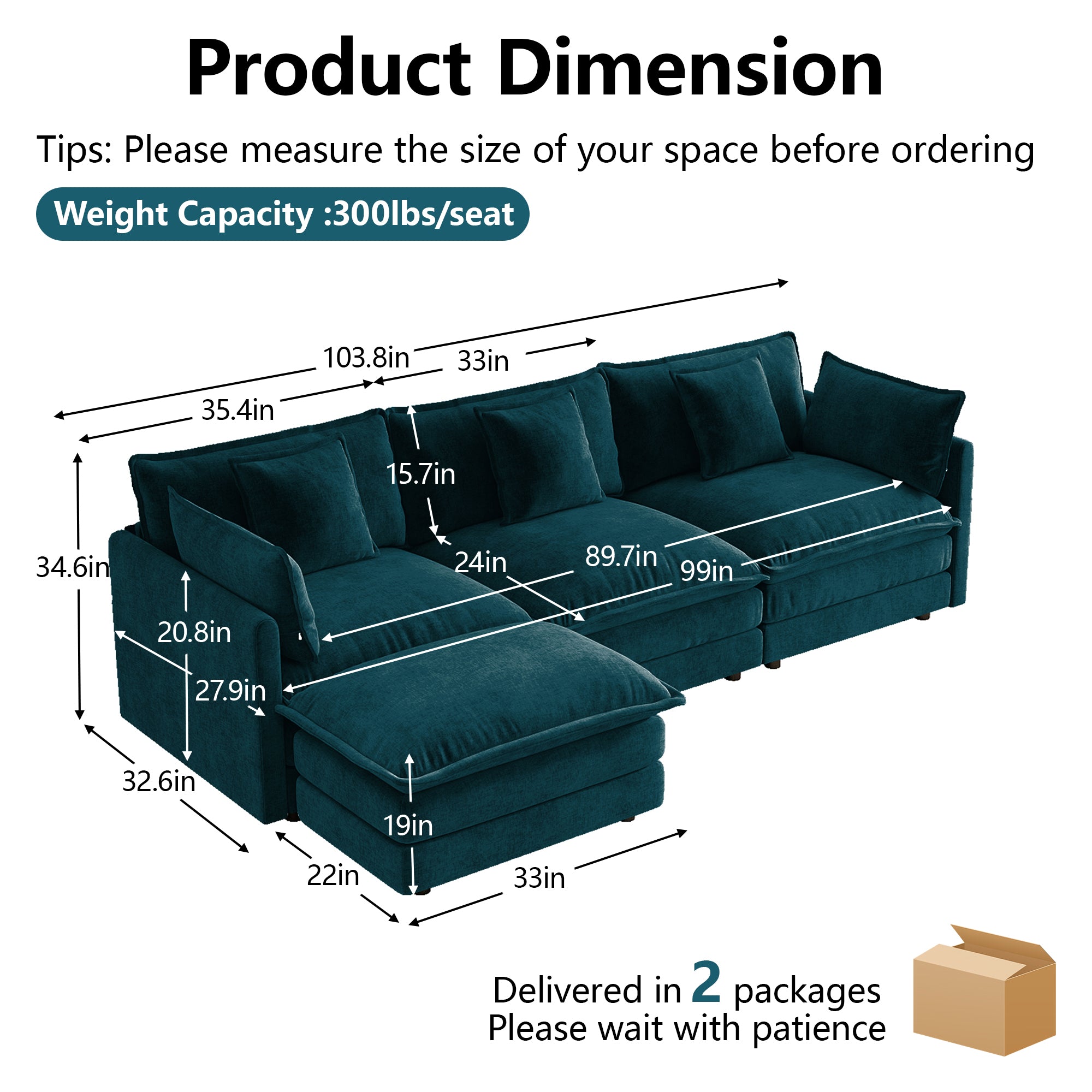 Oversize 3-Seater Sofa with Ottoman for Living Rooms