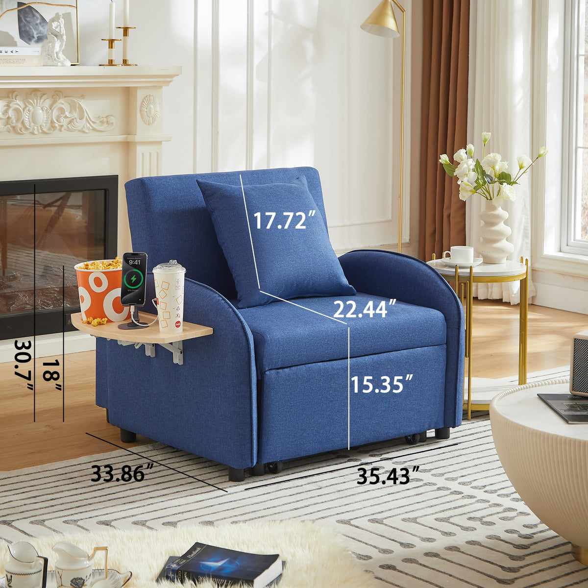 3-in-1 Convertible Sleeper Chair, Dark Blue Linen, Adjustable Backrest and Foldable Table