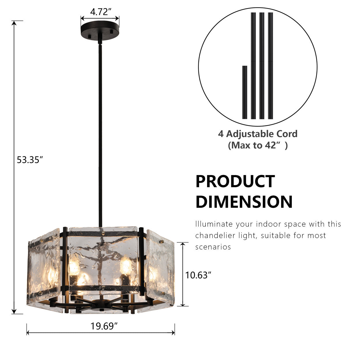 19.7-Inch 6-Light Dimmable Drum Chandelier, Black Glass and Metal