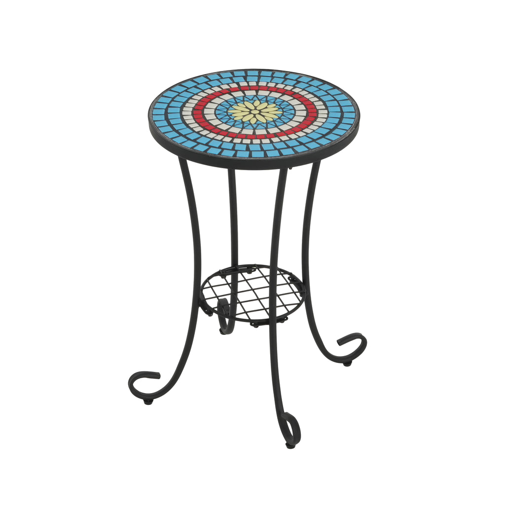 Patio Side Table with Shelf, Blue + Black