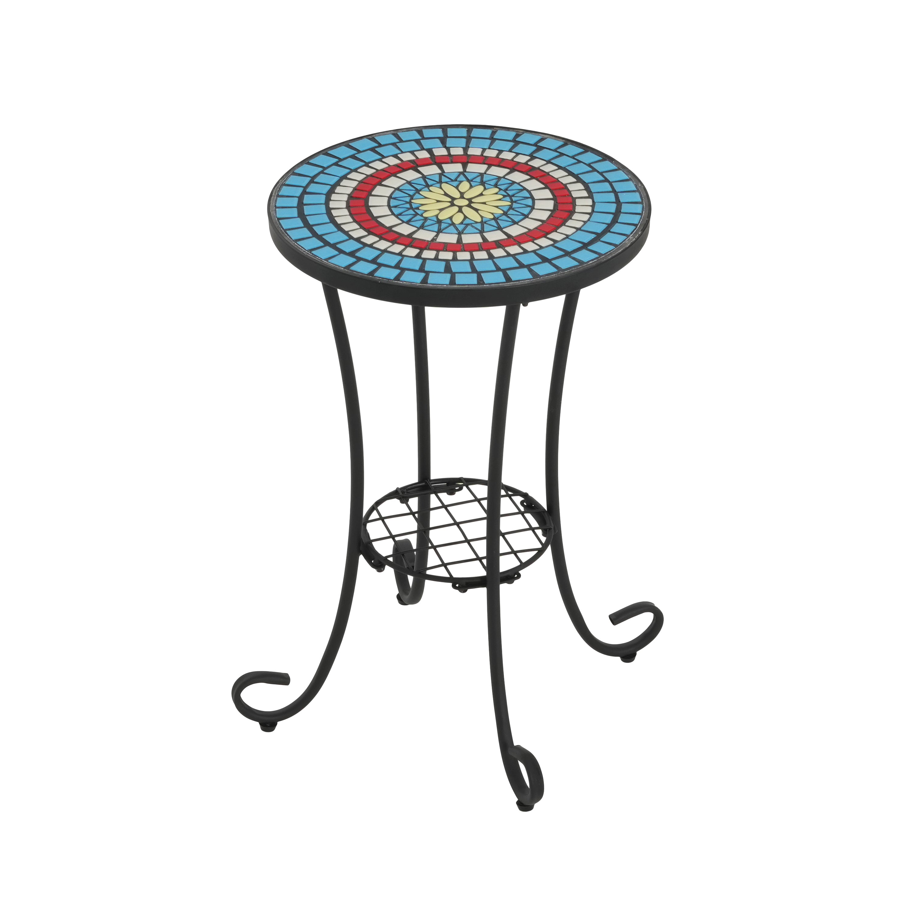 Patio Side Table with Shelf, Blue + Black