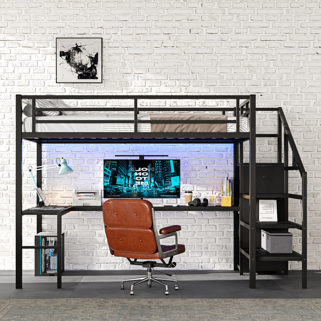 Full Size Loft Bed with L-Shaped Desk and USB