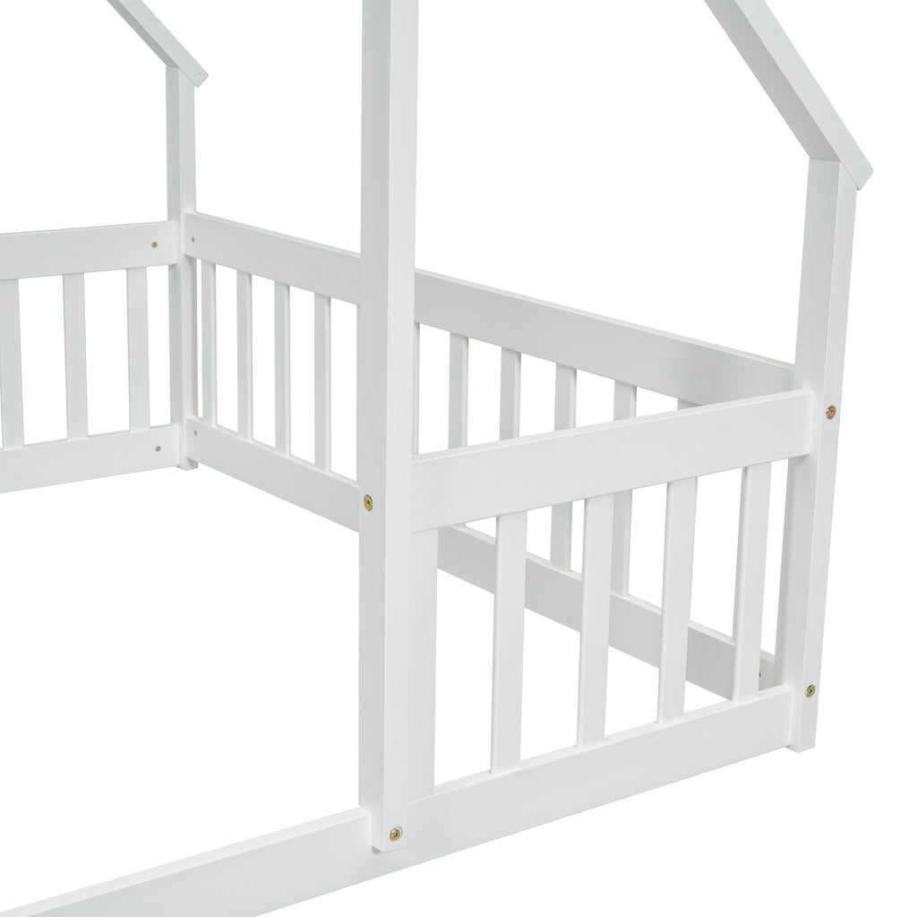 Full Wood House-Shaped Floor Bed with Fence, Guardrails
