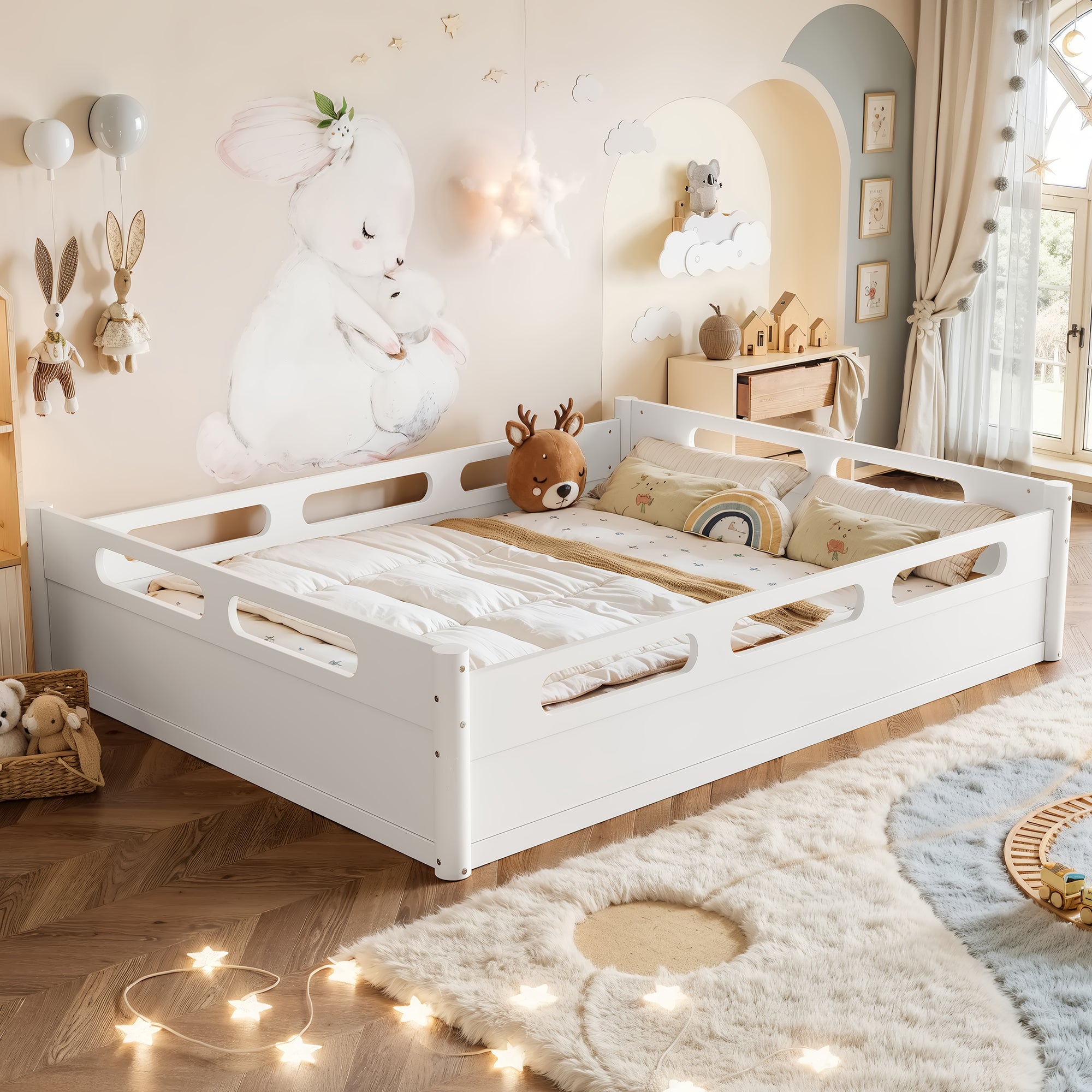 Queen Size Floor Platform Bed with Full-length Guardrails