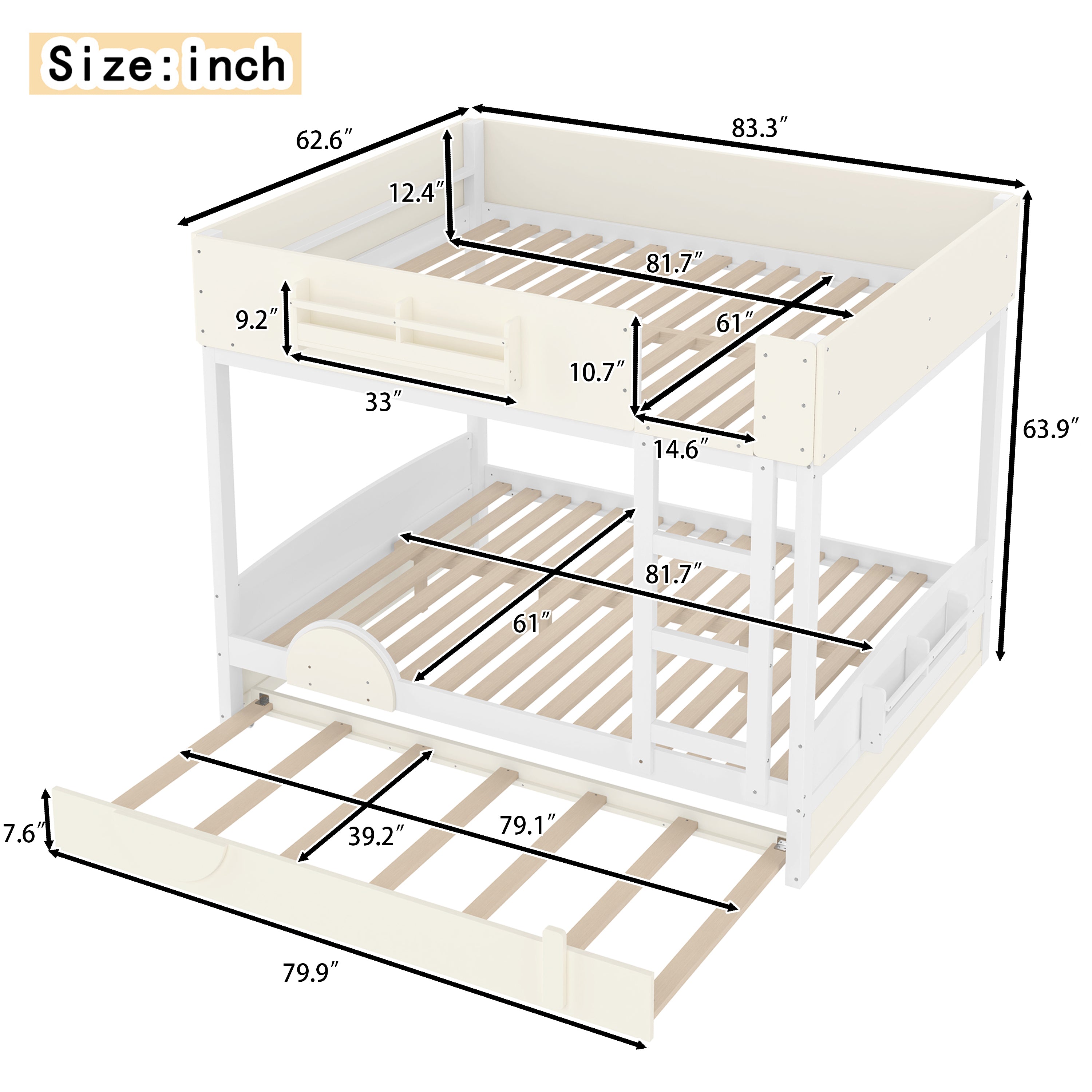 Queen Bunk Bed With Trundle and Bookshelf
