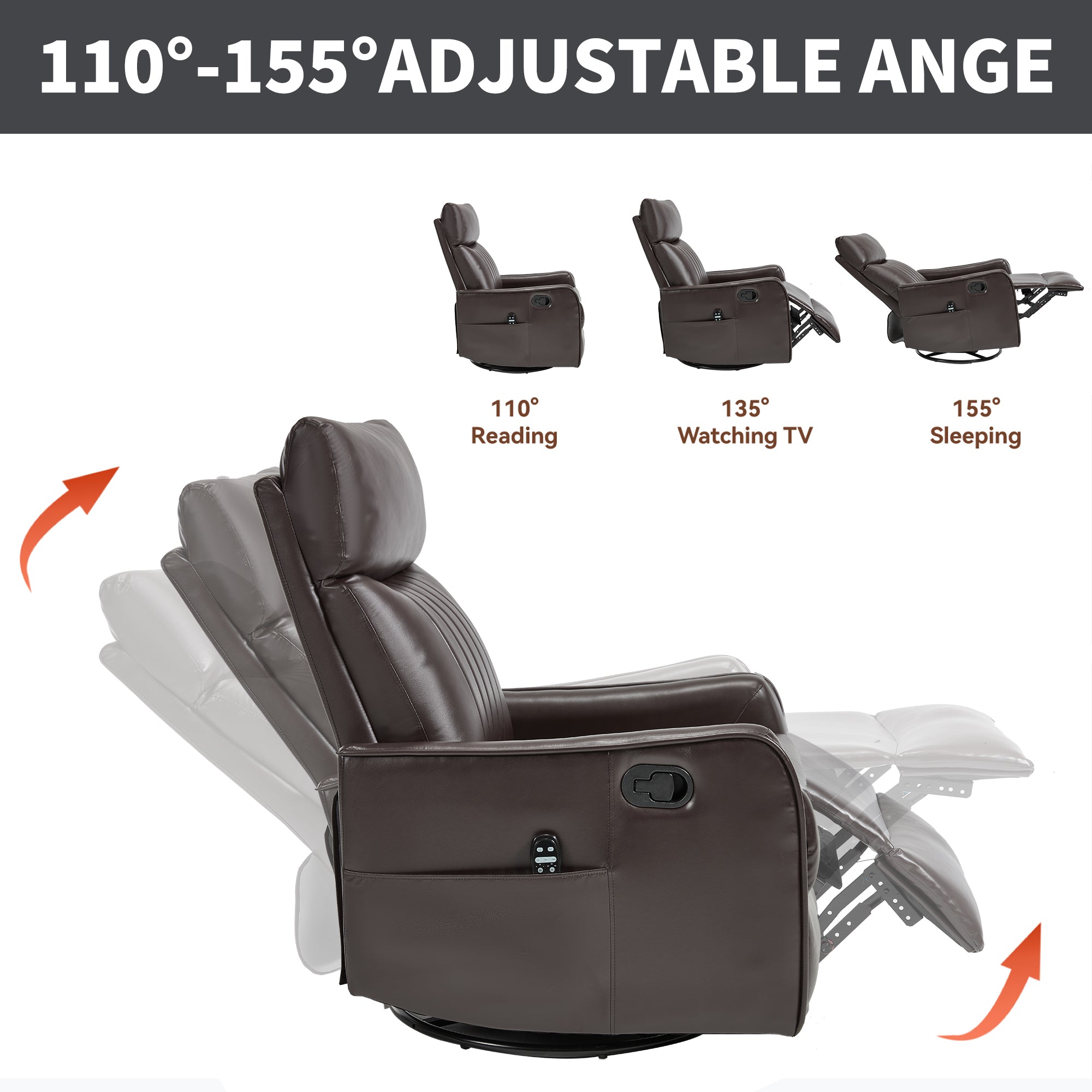 Brown Faux Leather Heat Massage Manual Recliner Chair