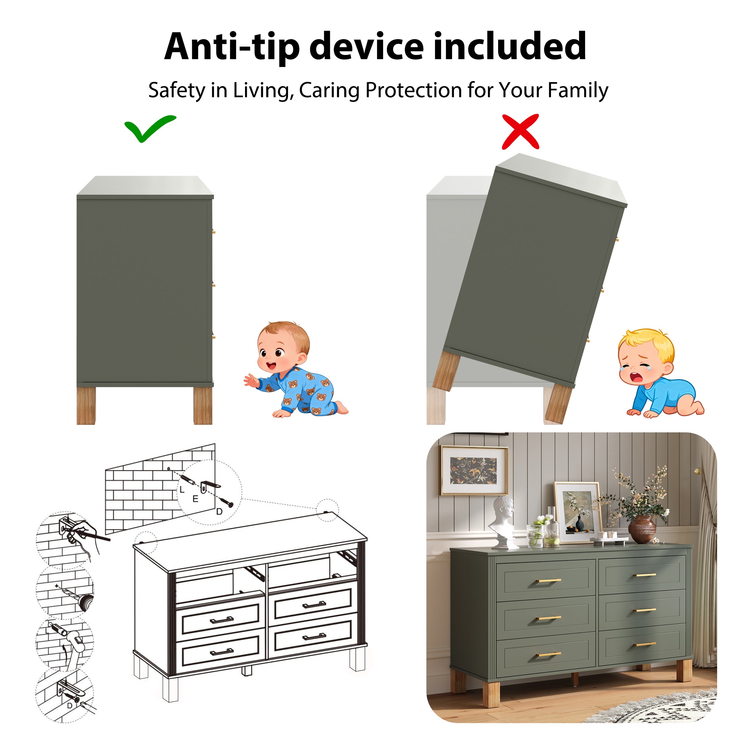 6-Drawer Double Dresser in Olive