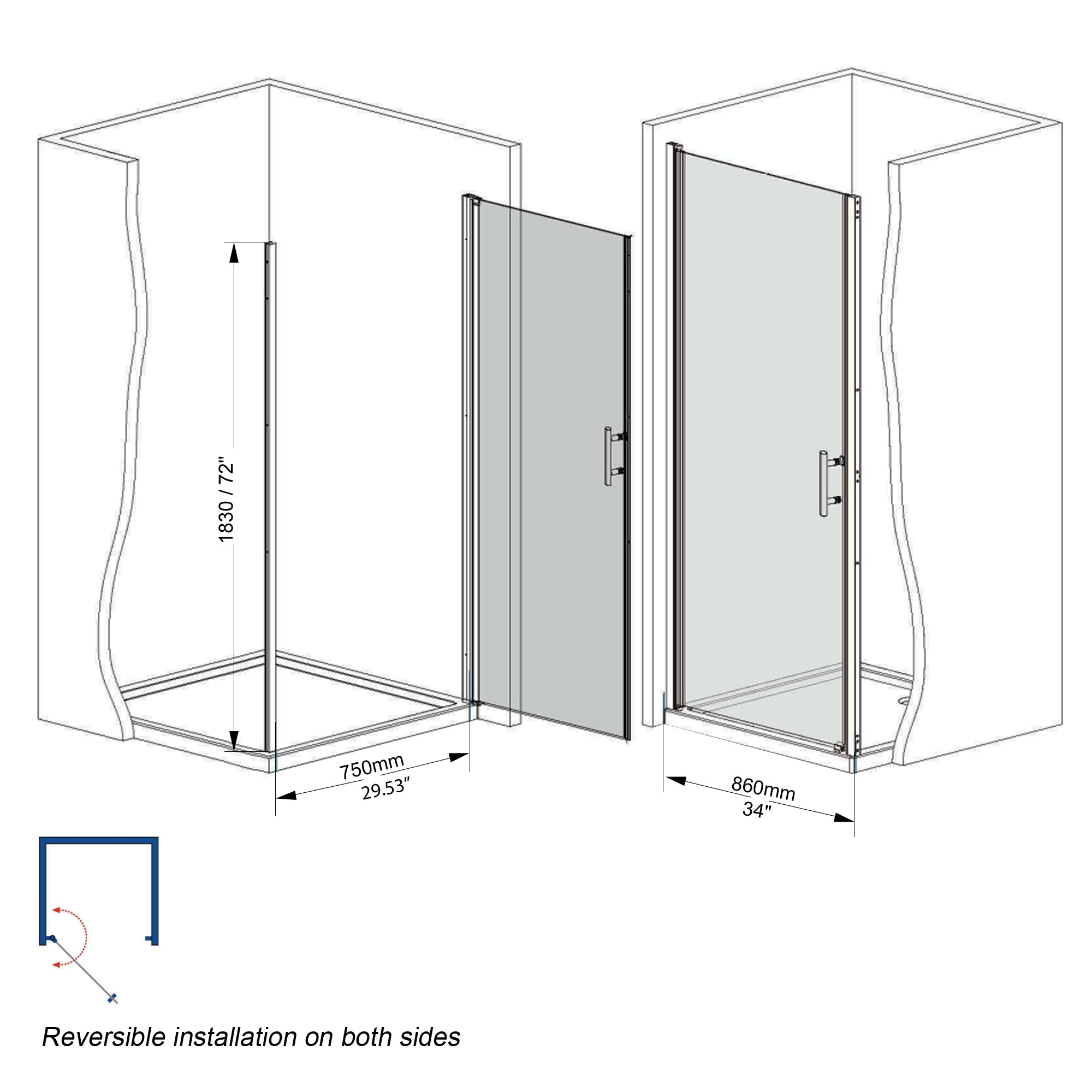 34"x 72" Pivot Shower Door, Matte