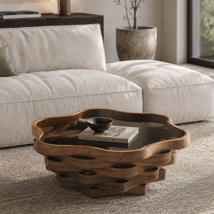 Cloud Shaped Coffee Table with Tempered Glass Top, Walnut Brown