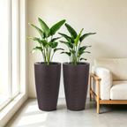 Set of 2 Faux Rattan Tall Planters