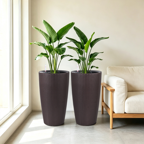 Set of 2 Faux Rattan Tall Planters