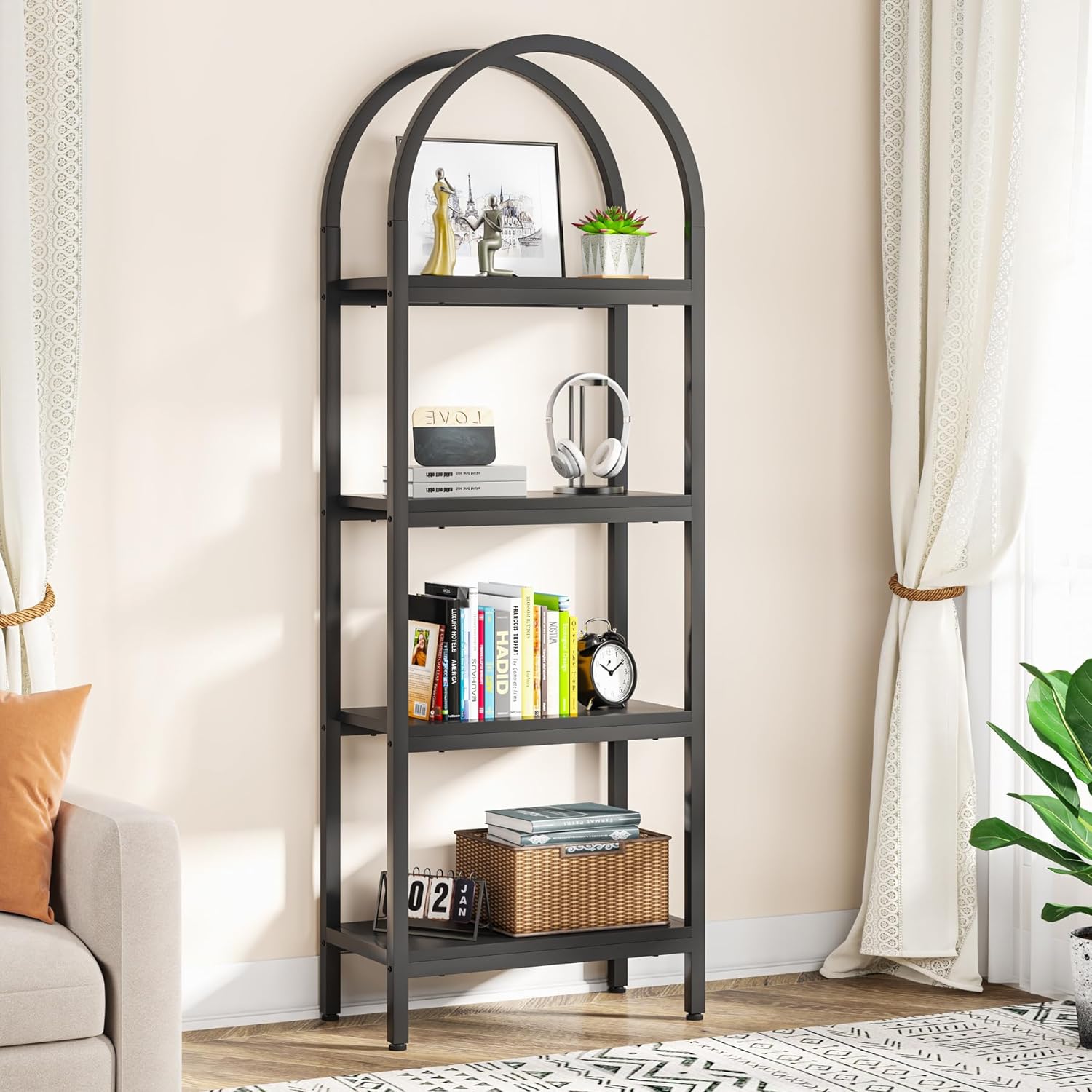 70.86" Tall 4-Tier Black Industrial Bookshelf