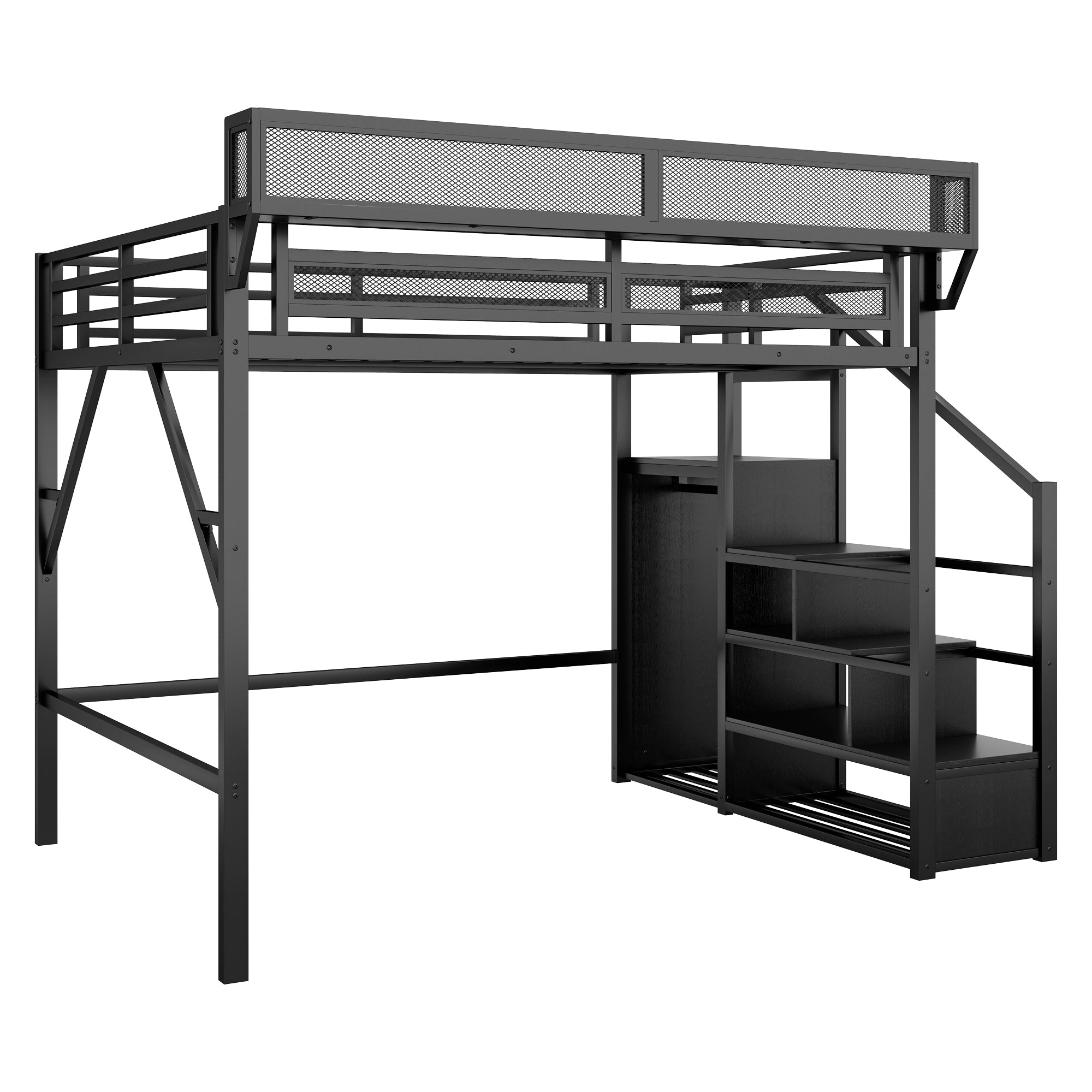 Full Size Loft Bed with Stairs and Storage Shelves