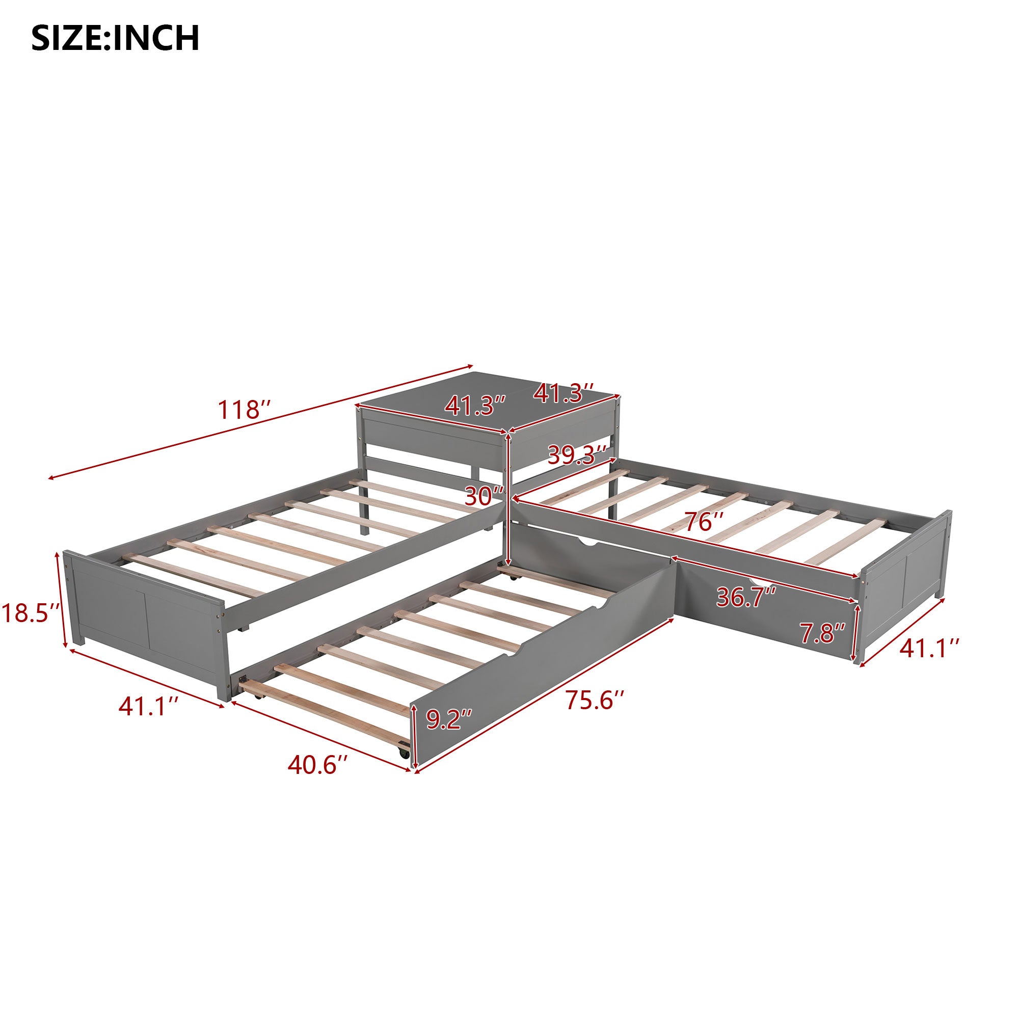 L-Shaped Platform Bed with Trundle and Built-In Desk - Gray