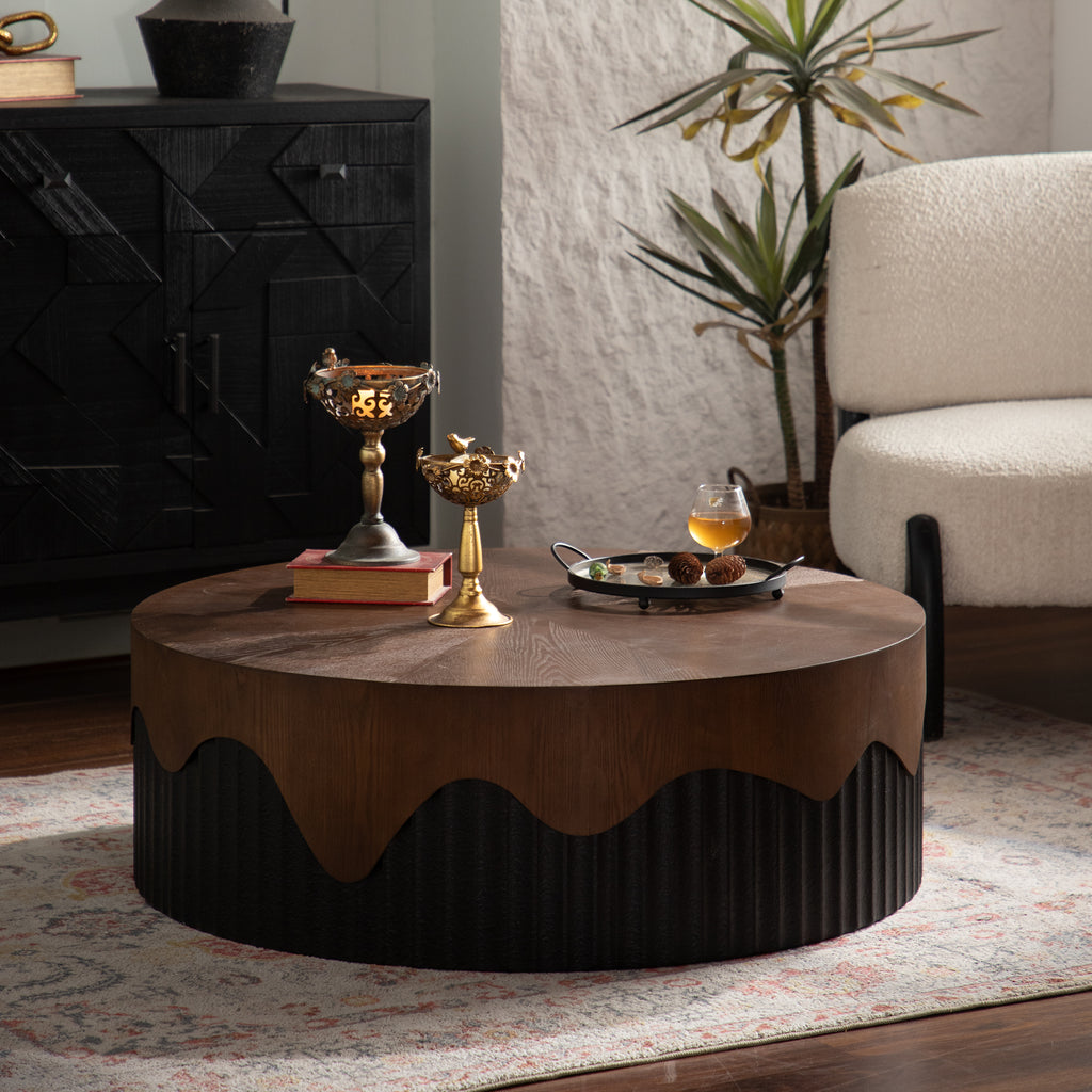 38.97" Round Handcrafted Relief Coffee Table