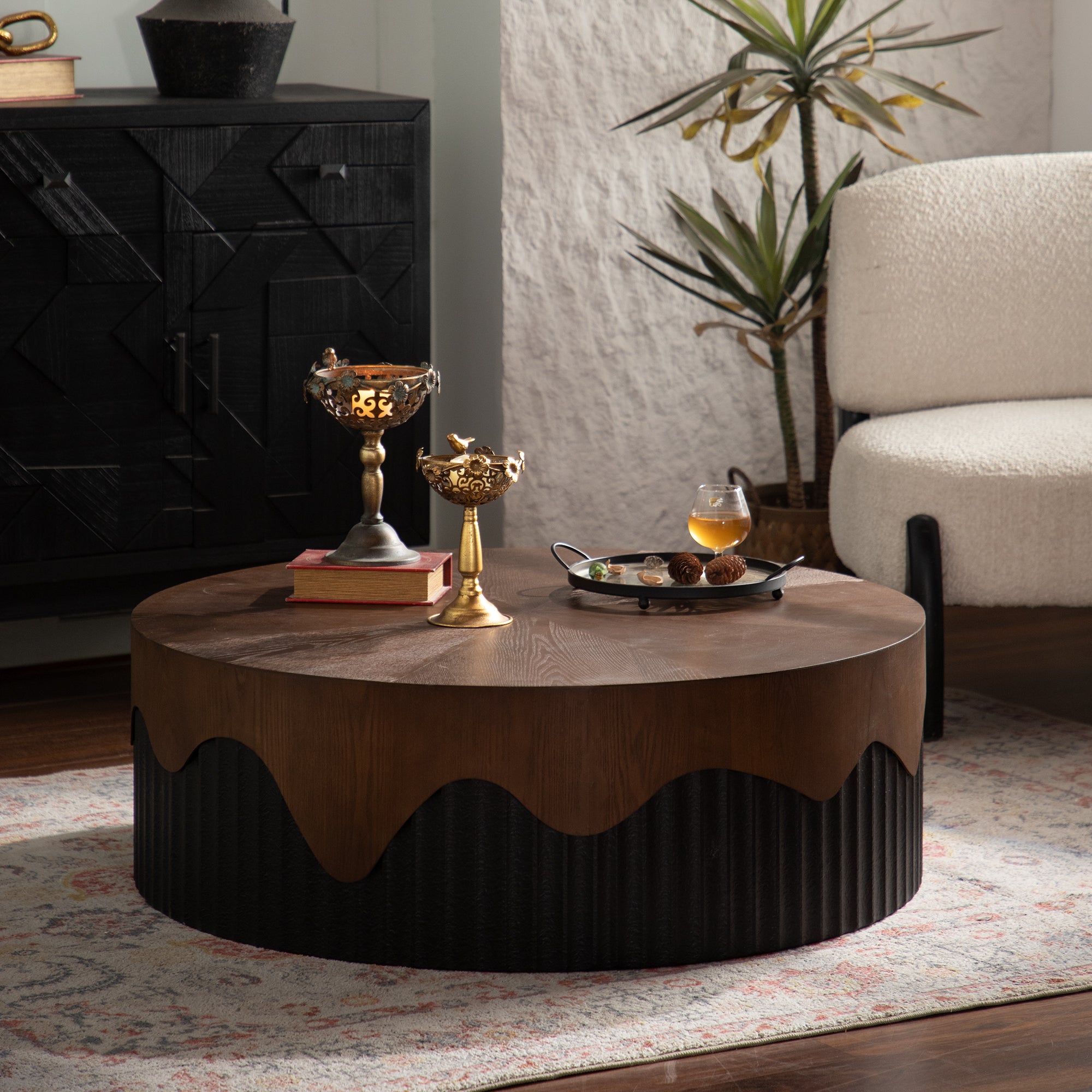 38.97" Round Handcrafted Relief Coffee Table