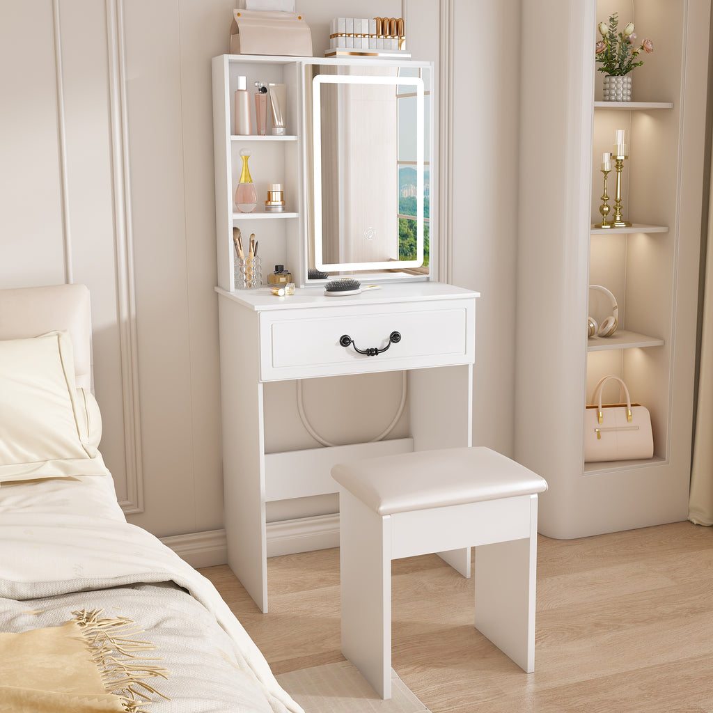 Modern Mini Dressing Table with LED-lit Mirror & Hidden Storage
