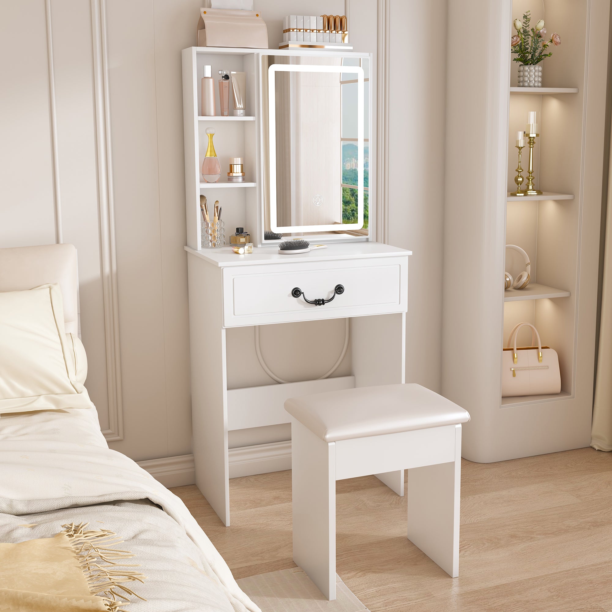 Modern Mini Dressing Table with LED-lit Mirror & Hidden Storage