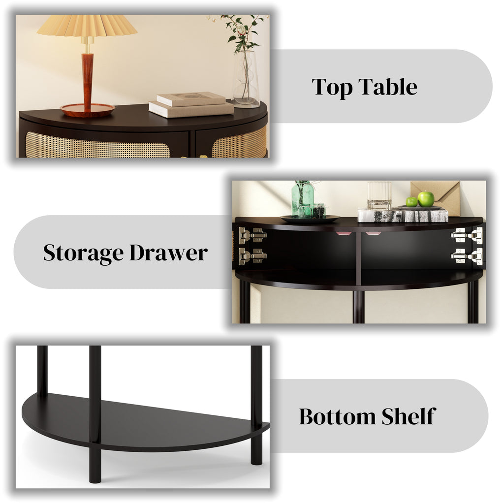 Unique Half Moon Design End Table with Sliding Rattan Door